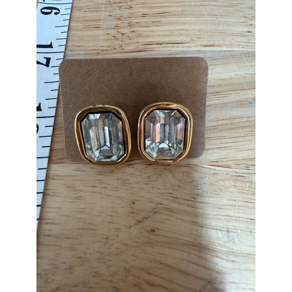 Givenchy Vintage Gold-Tone Crystal Stud Earrings Rectangular Clear Glass Rhinest - Picture 2 of 13